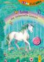 Titel: "Luna, das zauberhafte Einhorn". Ein Einhorn steht vor einem Regenbogen, umgeben von Blumen und Schmetterlingen., Buch