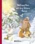 "Weihnachten mit dem kleinen Bären", Illustration mit Schneelandschaft, Tieren in Schals, Schneeflocken und einem hellen Stern., Buch