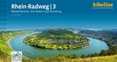 „Rhein-Radweg | 3; Mittelrheintal - Von Mainz nach Duisburg; bikeline Logo“ zeigt eine Flusslandschaft mit Hügeln.