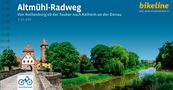 "Altmühl-Radweg: Von Rothenburg ob der Tauber nach Kelheim an der Donau". Bild von einem malerischen Flussweg.