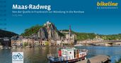 "Maas-Radweg: Von der Quelle in Frankreich zur Mündung in die Nordsee 1:75.000. 'bikeline' Logo. Fluss, Stadt mit Hügel."