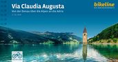 "Via Claudia Augusta. Von der Donau über die Alpen an die Adria. 1:75.000. Bikeline. Auch für E-Bikes." Eine Landschaft mit See.