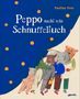 „Peppo sucht sein Schnuffeltuch“; Pauline Pete. Illustration: Tiere in Kleidung auf blauem Hintergrund mit orange Punkten., Buch