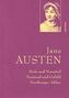 "Jane Austen, Stolz und Vorurteil, Verstand und Gefühl, Northanger Abbey. Illustration eines Porträts von Jane Austen."