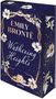 "Emily Brontë" und "Wuthering Heights" in Gold auf dunklem Hintergrund. Weiße Blumen und ein Gebäude als Verzierung., Buch