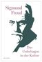 "Sigmund Freud" und "Das Unbehagen in der Kultur" in lila Schrift. Stilisiertes Gesicht mit Bart und ernsten Augen., Buch