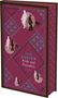 JANE AUSTEN - Pride and Prejudice. Rote Buchhülle mit blauen und rosa Mustern und Silhouetten von Personen., Buch