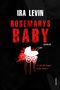 „Ira Levin, Rosemarys Baby, Roman.“ Weißer Kinderwagen auf rotem Fleck, schwarzer Hintergrund., Buch
