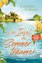 "Die Insel der Sommerträume" von Cristina Caboni. Sonne, glitzerndes Meer, Häuser am Ufer, Zitronen und Blätter im Vordergrund., Buch