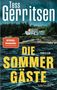 "Die Sommer Gäste" in gelben Buchstaben, darüber ein Haus am Wasser, umgeben von Bäumen, drunter blauer Himmel., Buch