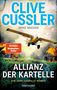 "CLIVE CUSSLER" und "MIKE MADEN" oben, "ALLIANZ DER KARTELLE" groß unten. Gelbes Flugzeug, brennende Zelte im Hintergrund., Buch