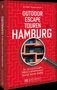 "Outdoor Escape Touren Hamburg" von Linnéa Bergsträßer; Buchcover mit rotem Labyrinth-Hintergrund und Lupe auf Balkon., Buch