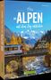 „Die ALPEN mit dem Zug entdecken“: Landschaft mit Zug auf Brücke vor schneebedeckten Bergen, Herbstbäume im Vordergrund., Buch