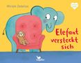 "Elefant versteckt sich" in roter Schrift. Ein Elefant und Faultier auf einem roten Sessel, gelber Hintergrund., Buch