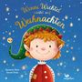 „Winni Wichtel wartet auf Weihnachten“. Ein fröhlicher Wichtel mit rotem Haar, einem grünen Hut und vielen Sternen um ihn herum., Buch