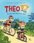 „THEO: Ein Löwe kann das schon allein.“ Zwei Löwenkinder fahren auf Fahrrädern, umgeben von Pflanzen, Turm im Hintergrund., Buch