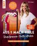 „Aus 1 mach viele: Rundpassen-Shirts stricken“ steht groß. Links hängen bunte Shirts. Eine lächelnde Frau zeigt darauf., Buch