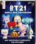 Text: "BT21 Häkle das Universum, Das inoffizielle Häkelbuch für BTS-Fans." Illustration von gehäkelten Figuren mit Mikrofonen., Buch