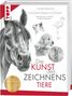 „Die Kunst des Zeichnens Tiere“ steht in großen Buchstaben, umgeben von detaillierten Bleistiftzeichnungen eines Pferdes, Hundes, Flamingos und einer Katze., Buch