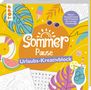 Rätsel, Ausmalmotive und Kreatives für sonnige Urlaubstage. Bunte Elemente: Blätter, Sonnenbrille, Cocktail, Eis., Buch