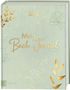 „Mein Buch Journal“ steht in großer Schrift. Das Cover ist grün mit goldenen Blättern und schimmernden Punkten., Buch