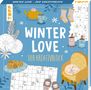 „WINTER LOVE DER KREATIVBLOCK“ in großer Schrift. Illustration mit Teekanne, Keks, Kreuzworträtsel und Katze im Stuhl., Buch