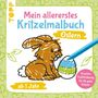 „Mein allererstes Kritzelmalbuch Ostern“ steht in bunten Buchstaben. Ein Hase und ein Osterei mit Buntstift., Buch