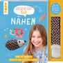 KREATIVSTART Kids NÄHEN; über 20 Modelle; Material für ein Igel-Nadelkissen; lachendes Mädchen, bunter Hintergrund.