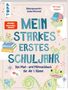 „Mein starkes erstes Schuljahr“ ist der Haupttext. Illustration mit Chamäleons, Schulutensilien und bunter Dekoration., Buch