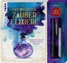 "Das Buch der Zauberelixiere" ist in goldener Schrift auf einem magischen Hintergrund. Ein Zauberstab und Reagenzglas sind dabei., Buch