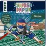 Texte: "ZAUBERPAPIER MALBUCH", "Entdecke versteckte Muster und Motive!", "Ninja", "VORLÄUFIGES COVER". Illustration: Ein Ninja auf einem Dach., Buch