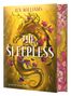 Auf dem Cover steht: "Jen Williams" und "The Sleepless". Ein goldener Drache mit rosa Blüten., Buch