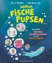 Buchtitel: "Warum Fische pupsen..." mit bunten Illustrationen von Fischen, Laborszenen und humorvollen Elementen.