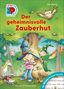 "Der geheimnisvolle Zauberhut." Bunte Illustration: Kinder mit Zauberhüten, Baum, Einhorn, Eule, Gnom, Fee, Drache.