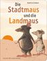 "Die Stadtmaus und die Landmaus" von Kathrin Schärer. Illustration: Zwei Mäuse halten sich an den Händen vor Sonnenuntergang., Buch