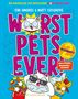 Titel: "Worst Pets Ever!" Ein Comic-Stil mit einer Katze und einem Hund in auffälligen Posen und Farben., Buch