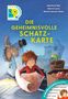 "Die geheimnisvolle Schatzkarte", kindlicher Charakter mit Karte, Elchkopf im Hintergrund, Schlange in einem Korb., Buch