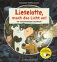 „Lieselotte, mach das Licht an! Ein Taschenlampen-Suchbuch“ steht unter einem Bild mit Kuh, Hund und Huhn im Dachboden., Buch