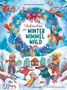 "Weihnachten im Winter Wimmelwald" steht inmitten eines mit Tieren und Geschenken geschmückten Kranzes im Schnee., Buch