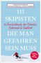Buchtitel in Blau: "111 Skipisten in Deutschland, der Schweiz, Österreich & Südtirol, die man gefahren sein muss." Skifahrer unten., Buch