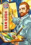 MANGA BIOGRAFIEN, VAN GOGH. Ein Mann mit rotem Bart malt, hält Palette und Pinsel vor einem Gemälde. Manga-Stil., Buch