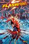 "FLASHPOINT" in gelb, Held im roten Anzug mit Blitzen, Figuren im Hintergrund vor einer Stadt, Zeichenstil einer Comic-Illustration., Buch