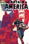 „Captain America“ oben groß. Helden in Rot und Blau, Captain America mit Schild im Vordergrund. Marvel-Comic-Cover.