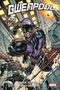 „Gwenpool“ oben, „Gwen, die Spinne und der Tod“ unten. Comic-Illustration von kämpfender Person in violettem Anzug., Buch