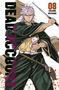 "DEAD ACCOUNT 08 SHIZUMU WATANABE" ist in schwarzer und orangefarbener Schrift zu sehen. Eine Manga-Figur hält ein Stofftier., Buch