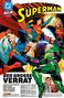 "Der große Verrat" in großer Schrift. Superhelden kämpfen; Superman im Vordergrund, intensives Comic-Artwork., Buch