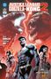 Text: "JUSTICE LEAGUE VS. GODZILLA VS. KONG 2". Illustration mit Superhelden, Godzilla und Kong in einer Stadt., Buch
