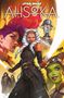 "Star Wars Ahsoka" ist der Titel. Eine Illustration mit Charakteren, darunter eine Frau mit weiß-blauen Montral und Lichtschwert., Buch