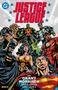 "JUSTICE LEAGUE" steht in großen roten Buchstaben. Darunter versammeln sich bekannte Superhelden in einem dynamischen Comic-Stil., Buch