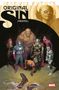 "Marvel Events: Original Sin. Sündenfall. Figuren in Superheldenkostümen umringen eine Leiche. Oben ein finsteres Gesicht.", Buch